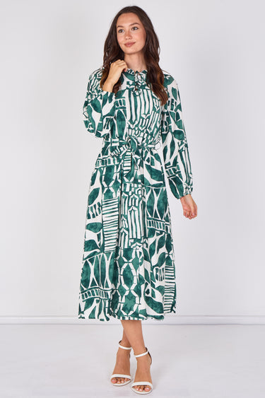 Emerald Green Abstract Print Tie Waist Midi Dress