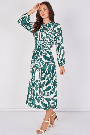 Emerald Green Abstract Print Tie Waist Midi Dress