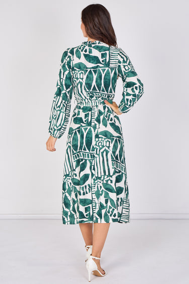 Emerald Green Abstract Print Tie Waist Midi Dress