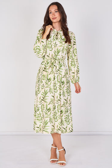 Ivory Green Botanical Leaf Print Tie Waist Midi Dress