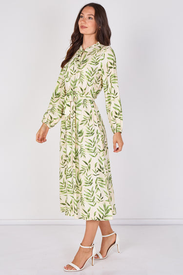 Ivory Green Botanical Leaf Print Tie Waist Midi Dress