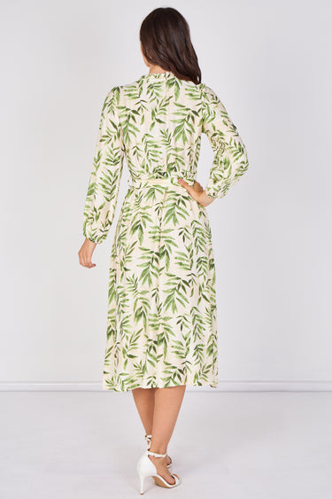 Ivory Green Botanical Leaf Print Tie Waist Midi Dress