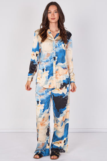 Love Sunshine Blue Abstract Print Satin Shirt and Trouser Set Co ord sets LS-5002 LS-5002&9057 LS-9057