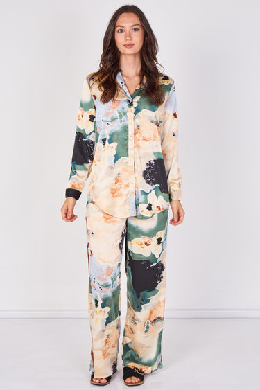 Love Sunshine Green Abstract Print Satin Shirt and Trouser Set Co ord sets LS-5002 LS-5002&9057 LS-9057