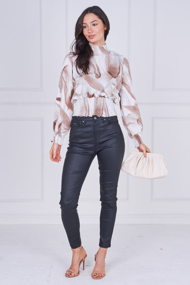 Sand Abstract Print Shirred Waist Top