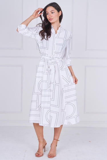 White Contemporary Line Print Shirt Dress