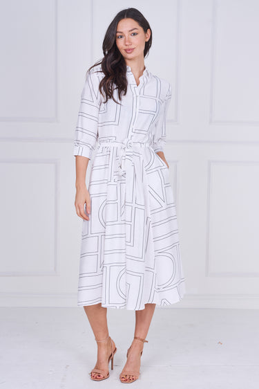 White Contemporary Line Print Shirt Dress