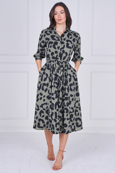 Khaki Leopard Print Half Sleeve Midi Shirt Dress