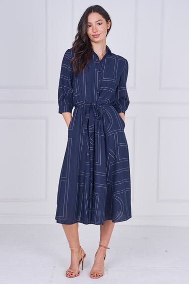 Navy Contemporary Line Print Shirt Dress