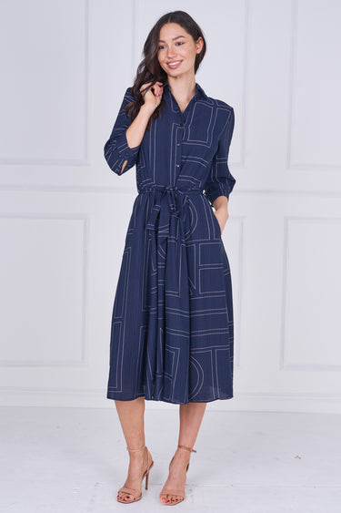 Navy Contemporary Line Print Shirt Dress