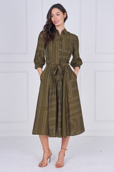 Khaki Green Contemporary Line Print Shirt Dress