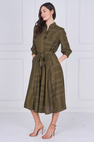 Khaki Green Contemporary Line Print Shirt Dress