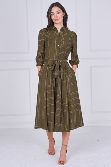 Khaki Green Contemporary Line Print Shirt Dress