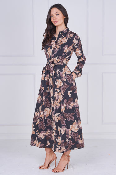 Charcoal and Mocha Floral Belted Midaxi Shirt Dress