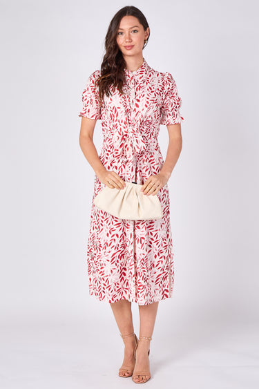 Red Leaf Print Tie Waist Midi Dress