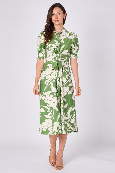 Green Floral Print Tie Front Midi Dress