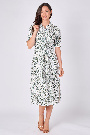 Green Leaf Print Tie Waist Midi Dress