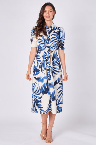 Blue Tropical Leaf Print Tie Waist Midi Dress