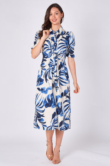 Blue Tropical Leaf Print Tie Waist Midi Dress