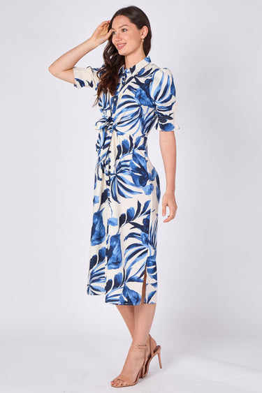 Blue Tropical Leaf Print Tie Waist Midi Dress