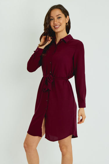 Merlot Button-Front Mini Shirt Dress