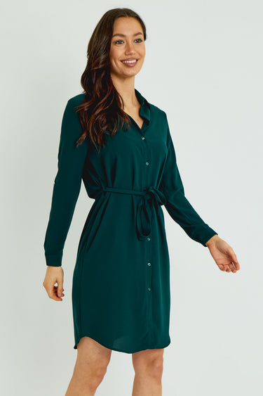Emerald Button-Front Mini Shirt Dress