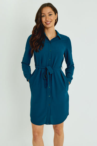 Teal Button-Front Mini Shirt Dress