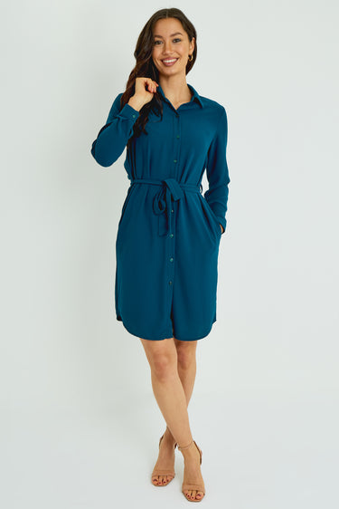 Teal Button-Front Mini Shirt Dress