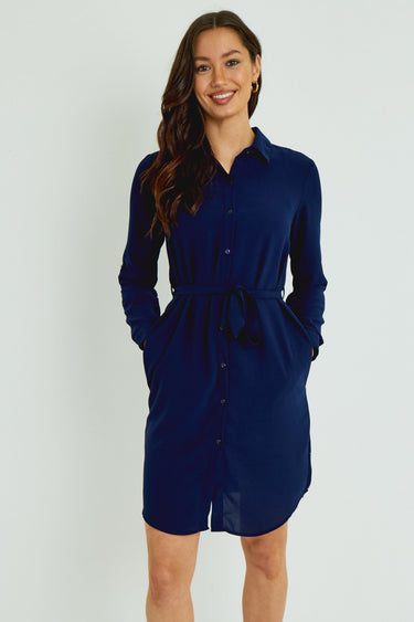 Navy Button-Front Mini Shirt Dress