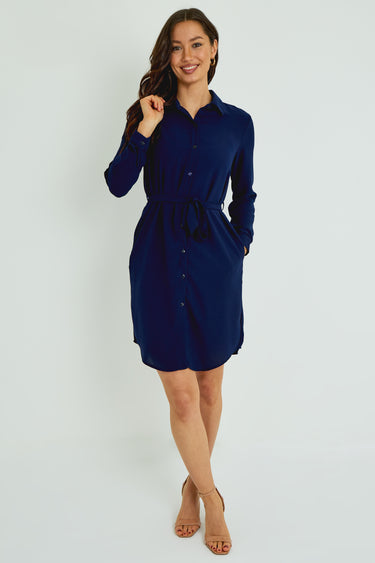 Navy Button-Front Mini Shirt Dress