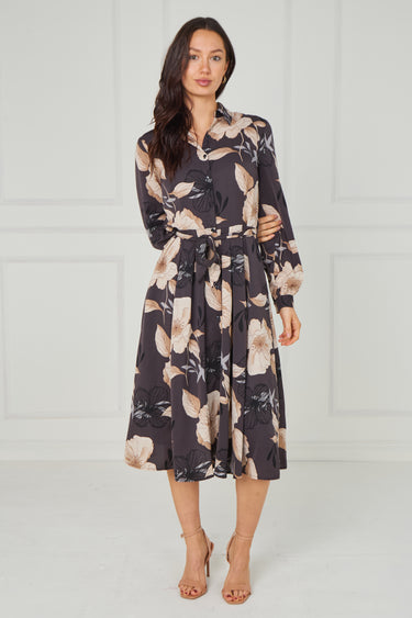 Dark Charcoal Floral Print Midi Shirt Dress