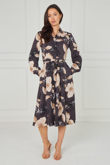 Dark Charcoal Floral Print Midi Shirt Dress