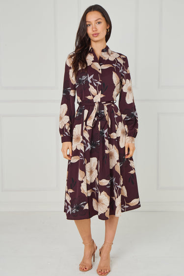 Maroon Floral Print Midi Shirt Dress