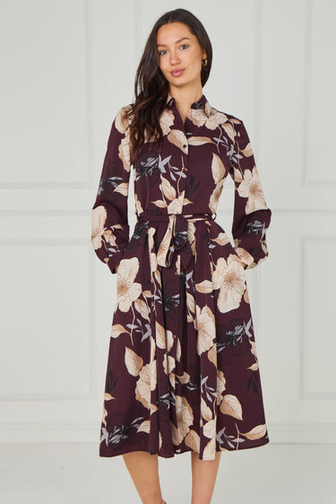 Maroon Floral Print Midi Shirt Dress