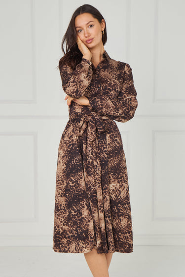 Brown Leopard Smudge Print Midi Shirt Dress