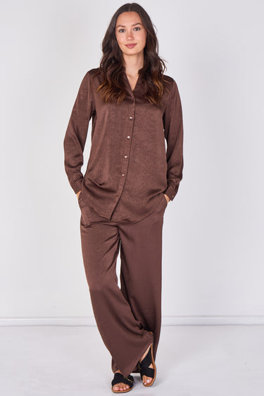 Love Sunshine Chocolate Brown Satin Shirt & Wide Leg Trouser Co-ord Set Co ord sets LS-5002 LS-5002&9057 LS-9057