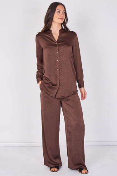 Love Sunshine Chocolate Brown Satin Shirt & Wide Leg Trouser Co-ord Set Co ord sets LS-5002 LS-5002&9057 LS-9057