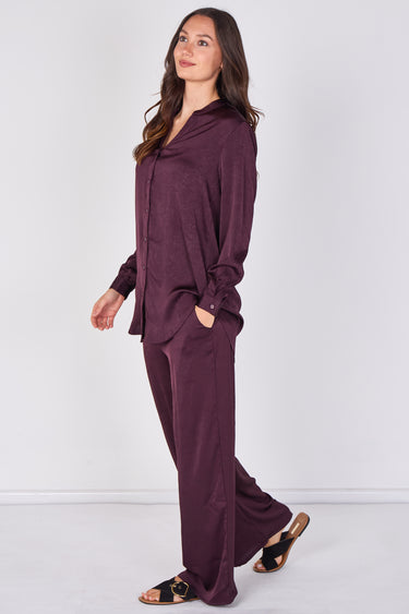 Love Sunshine Plum Satin Shirt & Wide Leg Trouser Co-ord Set Co ord sets LS-5002 LS-5002&9057 LS-9057