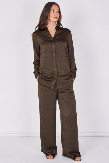 Love Sunshine Khaki Satin Cowl Neck Shirt & Wide Leg Trouser Co-ord Set Co ord sets LS-5002 LS-5002&9057 LS-9057
