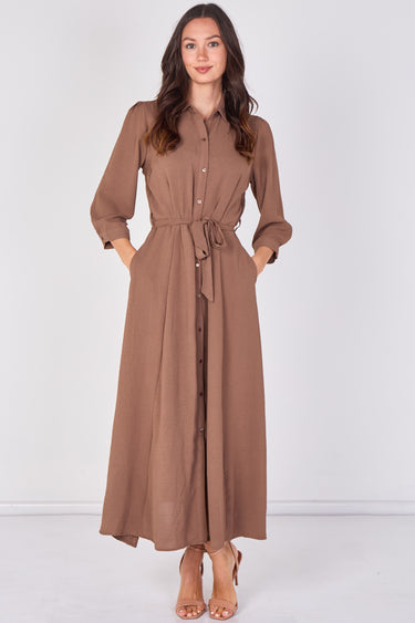 Mocha Textured Belted Maxi Shirt Dress