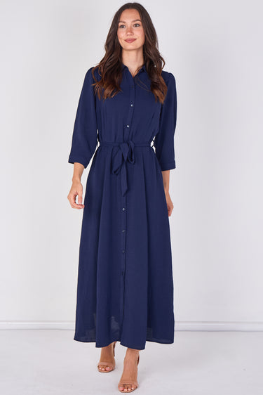 Navy Textured Belted Maxi Shirt Dress