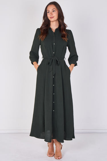 Emerald Textured Belted Maxi Shirt Dress