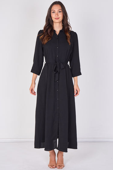 Black Textured Belted Maxi Shirt Dress