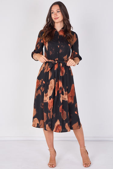 Black and Rust Abstract Print Belted Midi Shirt Dress