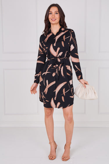 Black and Caramel Painterly Print Belted Shirt Dress