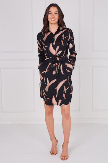 Black and Caramel Painterly Print Belted Shirt Dress