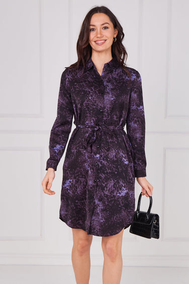 Midnight Plum Animal Print Belted Shirt Dress