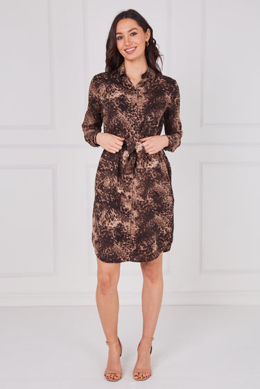 Mocha Leopard Print Belted Shirt Dress