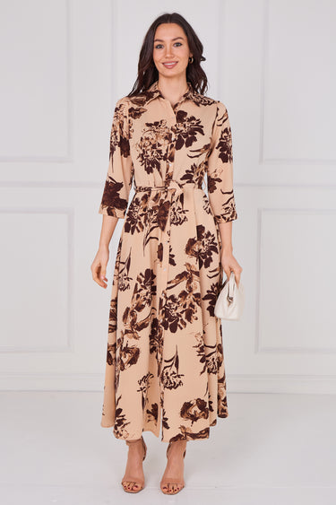 Mocha Bloom Print Belted Maxi Shirt Dress