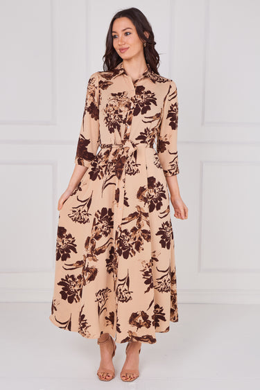 Mocha Bloom Print Belted Maxi Shirt Dress